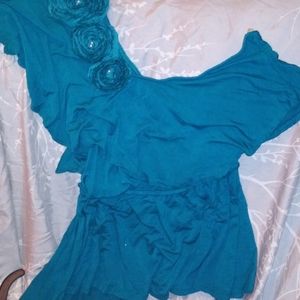 One shoulder wet seal teal top